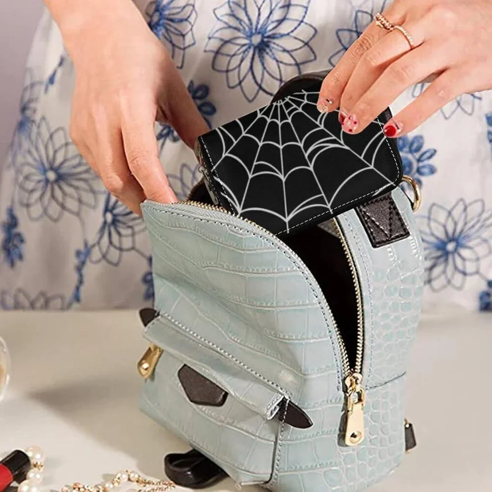 Women's Spider Web Leather Zipper Card Case Accordion Credit Card Holder Wallet